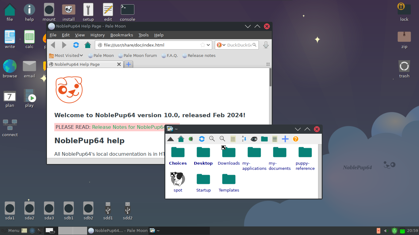 NoblePup64 screenshot, desktop is JWM, file manager is Rox-Filer, web browser is Pale Moon.